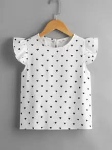 SHEIN 女孩荷葉邊滿版心形上衣 - 白色 - 查看 1