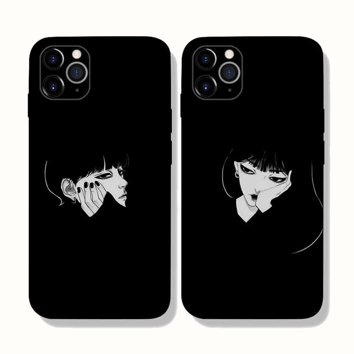 

2pcs Graphic Couple Phone Case, Black