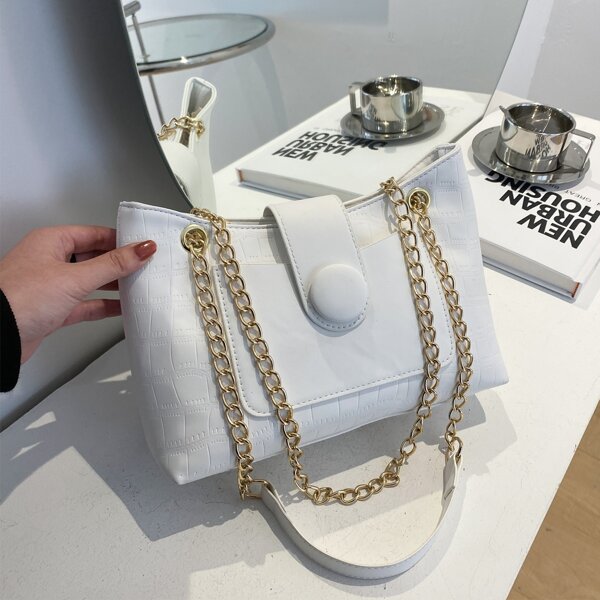 

Croc Embossed Chain Shoulder Bag, White