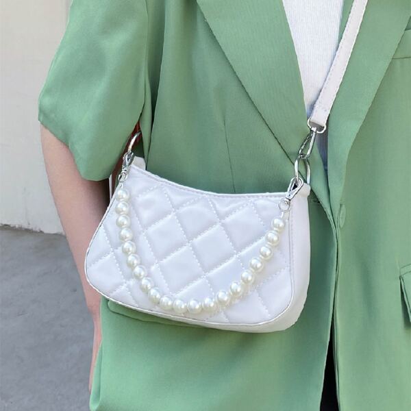 

Faux Pearl Handle Quilted Baguette Bag, White