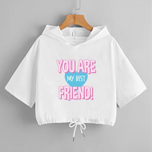 

Drop Shoulder Slogan Graphic Drawstring Hoodie, White