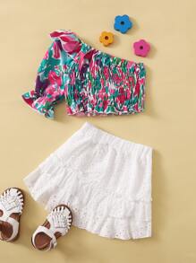 小女童單肩花卉打褶上衣和網眼刺繡半身裙