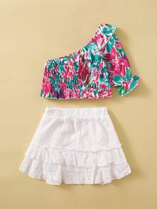 小女童單肩花卉打褶上衣和網眼刺繡半身裙