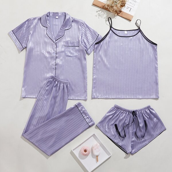 

4pcs Striped Satin Pajama Set, Lilac purple