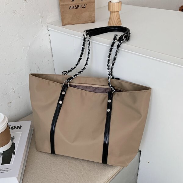 

Studded Decor Chain Shoulder Tote Bag, Khaki