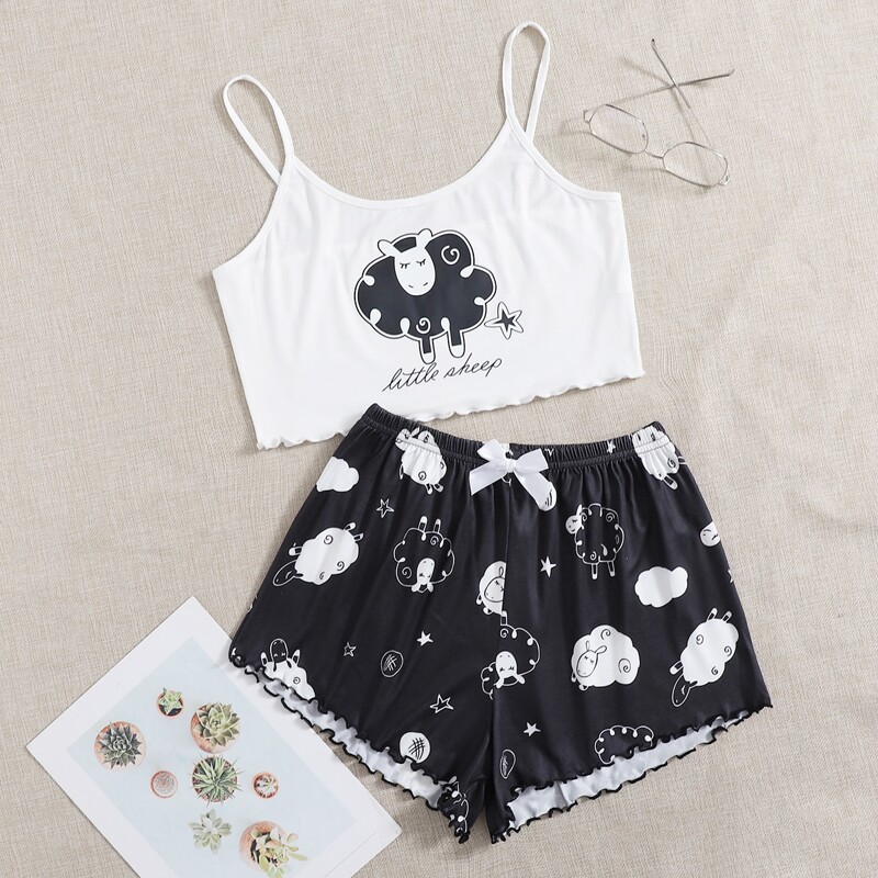 

Cartoon & Letter Graphic Pajama Set, Black and white