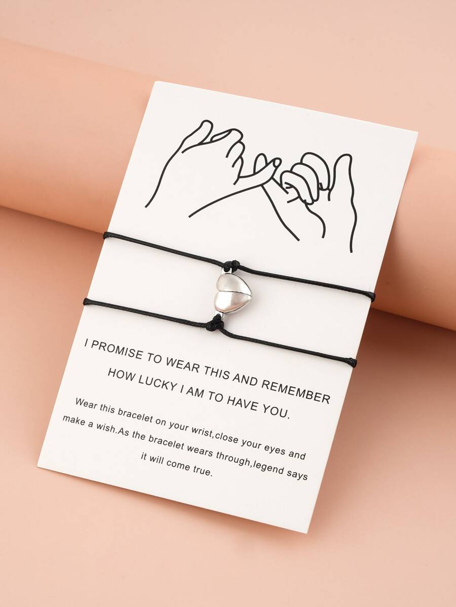 2pcs Heart Detail Couple Bracelet - Black - View 1