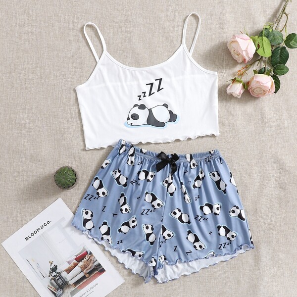 

Cartoon Panda Bow Pajama Set, Blue and white