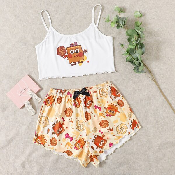

Cartoon Graphic Bow Pajama Set, Multicolor