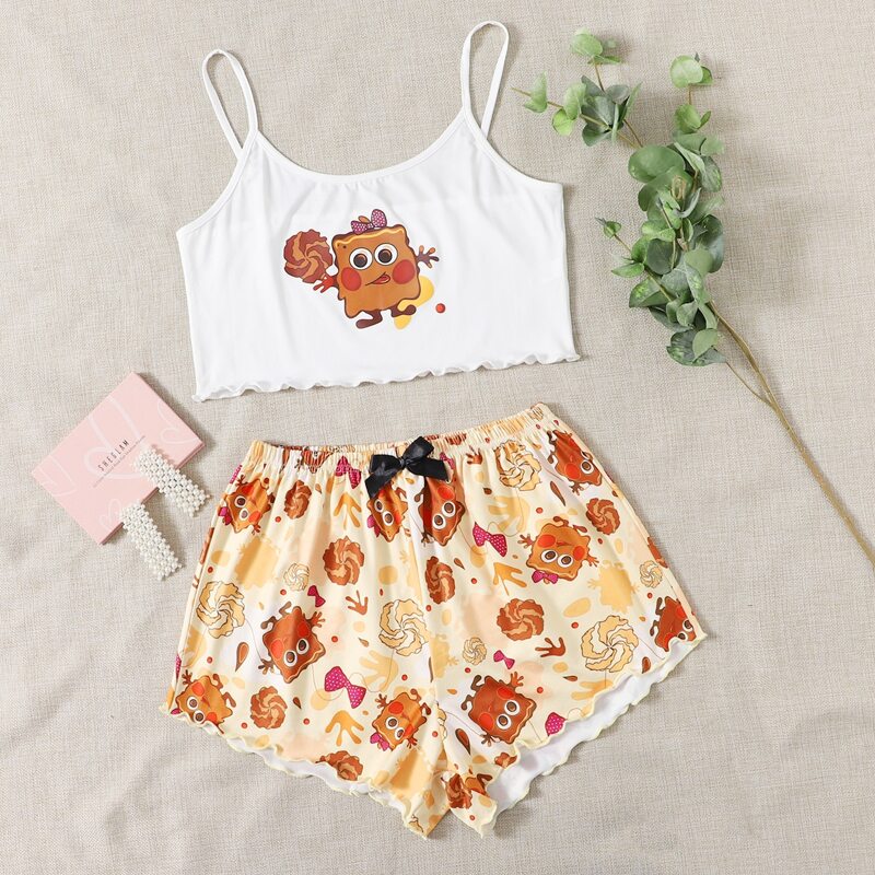 

Cartoon Graphic Bow Pajama Set, Multicolor