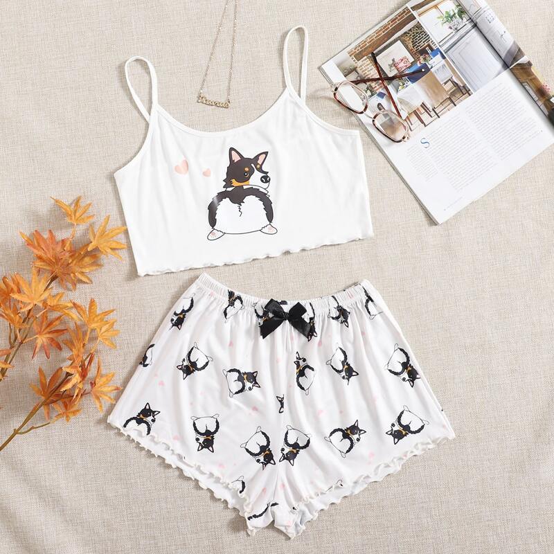 

Cartoon Graphic Lettuce Trim Pajama Set, White