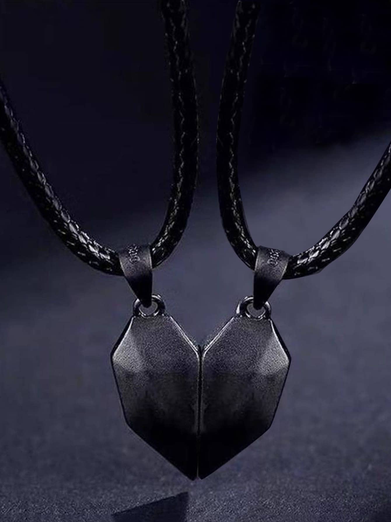 HOTNICE Fashionable And Popular 2pcs Men Half Heart Charm Necklace Punk Hip Pop Style For Jewelry Gift And For A Stylish Look Valentines - Black - View 1