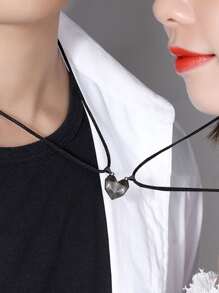 HOTNICE Fashionable And Popular 2pcs Men Half Heart Charm Necklace Punk Hip Pop Style For Jewelry Gift And For A Stylish Look Valentines - Black - View 3