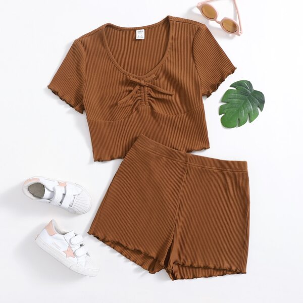 

Teen Girls Drawstring Ruched Tee & Track Shorts Set, Coffee brown
