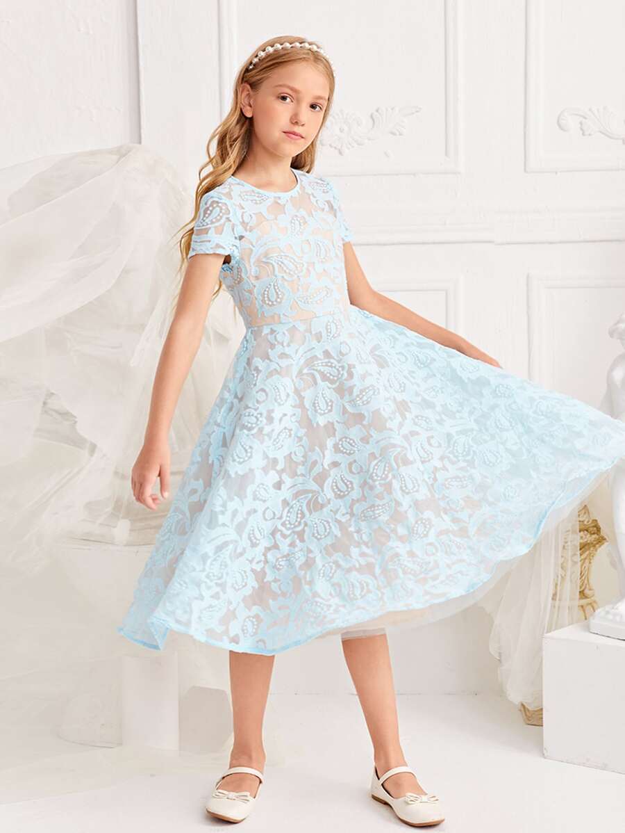 SHEIN Girls Solid Lace Prom Dress - Baby Blue - View 1