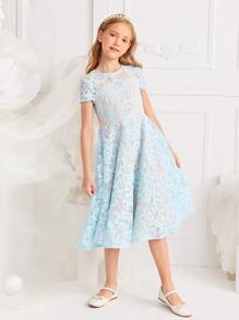 SHEIN Girls Solid Lace Prom Dress - Baby Blue - View 4