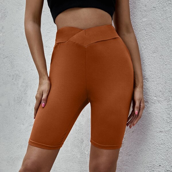 

Overlap Waist Solid Biker Shorts, Rust brown