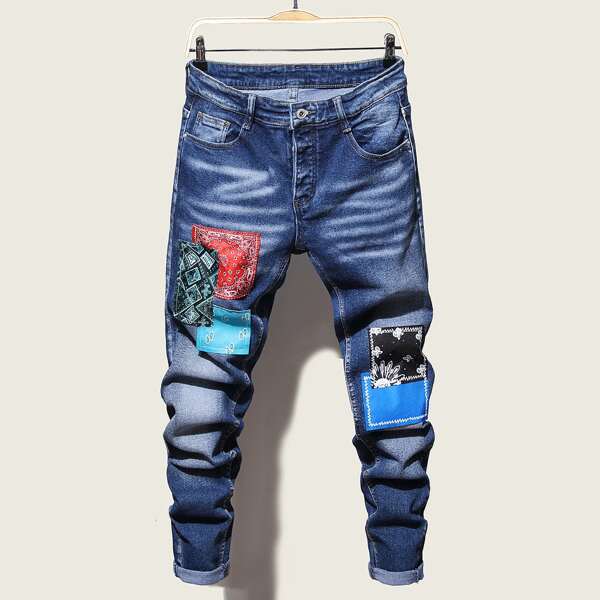 

Men Washed Patched Jeans, Dark wash