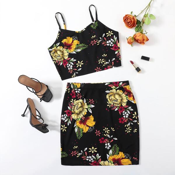 

Plus Floral Cami Top With Skirt, Multicolor