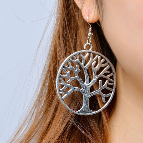 

Tree Pattern Round Drop Earrings, Silver