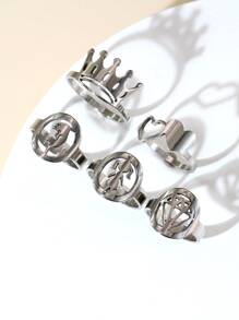Set de 5 anillos ajustables de acero inoxidable para mujer - Plateado - Ver 1