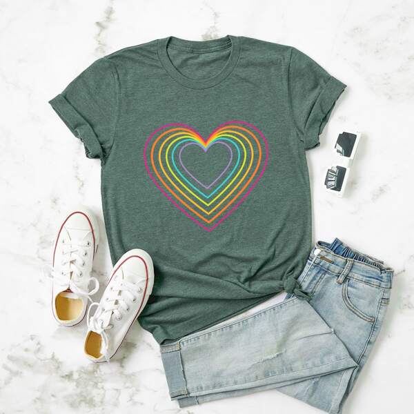 

Plus Heart & Rainbow Stripe Print Tee, Dark green