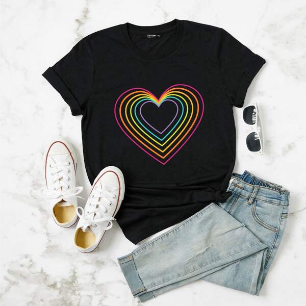 

Plus Heart & Rainbow Stripe Print Tee, Black