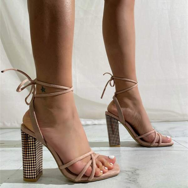 

Thin Strap Chunky Heeled Sandals, Apricot
