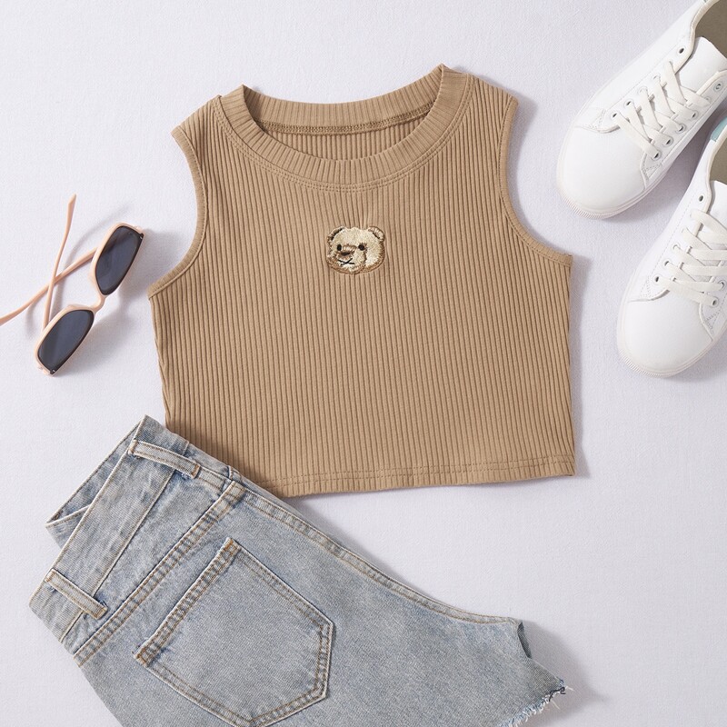 

Cartoon Bear Embroidery Ribbed Tank Top, Khaki