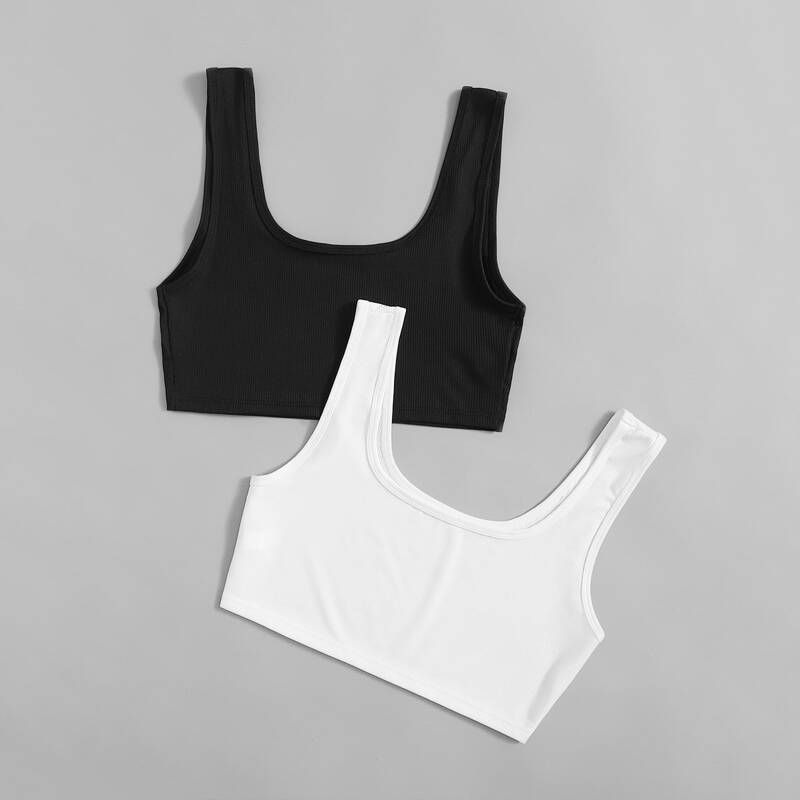 

2pcs Solid Crop Ribbed Tank Top, Black and white