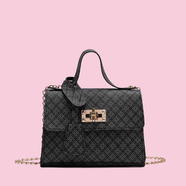 

Floral Graphic Flap Chain Bag, Black