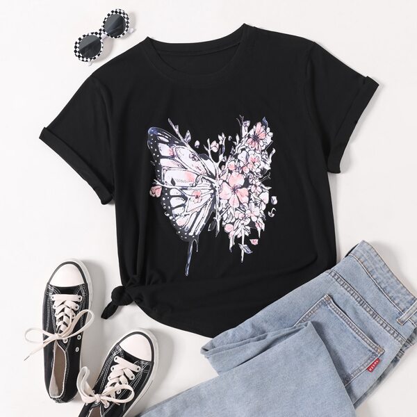 

Plus Flower And Butterfly Print Tee, Black