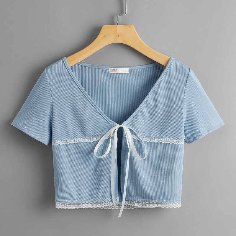 

Contrast Lace Tie Front Ribbed Top, Dusty blue