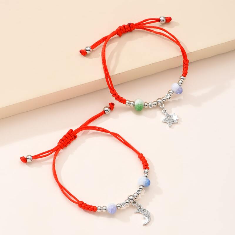 

2pcs Star & Moon Braided Rope Bracelet, Multicolor