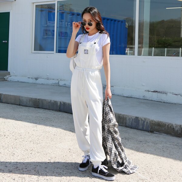 

Letter Graphic Drawstring Waist Suspender Jumpsuit, White