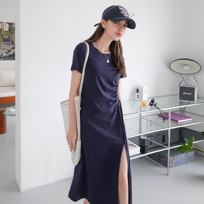 

Solid Drawstring Side Slit Dress, Navy blue