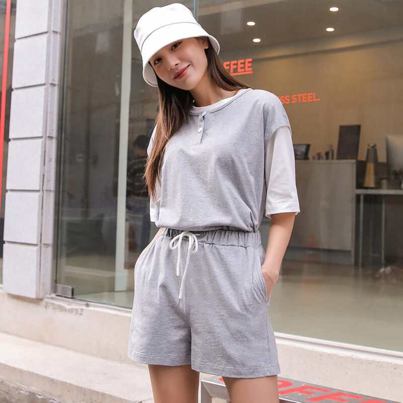 

2pcs Combo Two Tone Drop Shoulder Tee & Track Shorts, Light grey