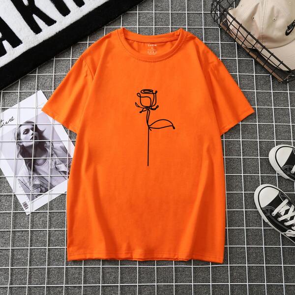 

Rose Print Crew Neck Tee, Orange