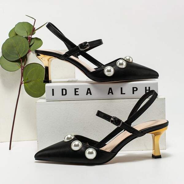 

Faux Pearl Decor Slingback Pumps, Black