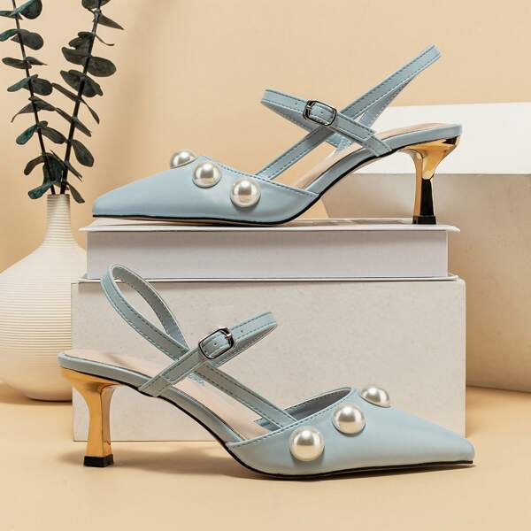 

Faux Pearl Decor Slingback Pumps, Baby blue