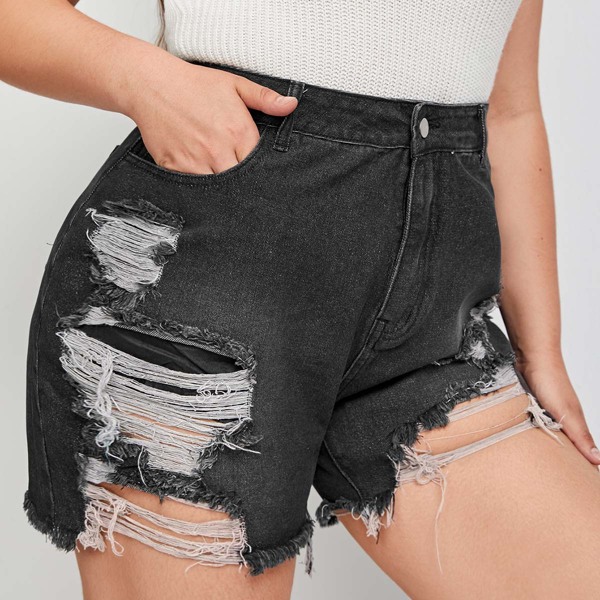

Plus High Waist Ripped Raw Hem Denim Shorts, Dark grey