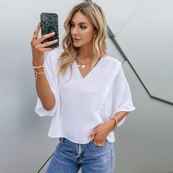 

V Neck Batwing Sleeve Top, White