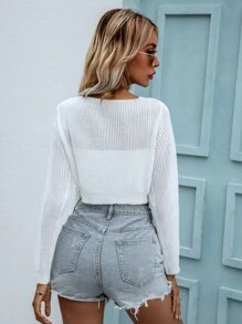 Chiquease Ribbed Knit Tie Front Crop Cardigan Fall Winter Cloth For Women - White - View 2