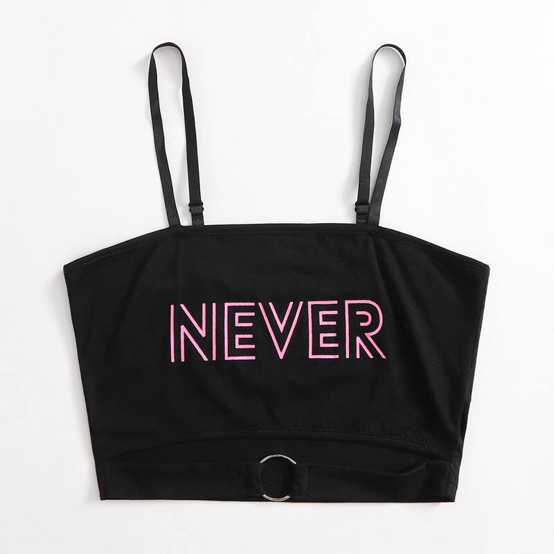 

Letter Ring Decor Cut Out Crop Cami, Black