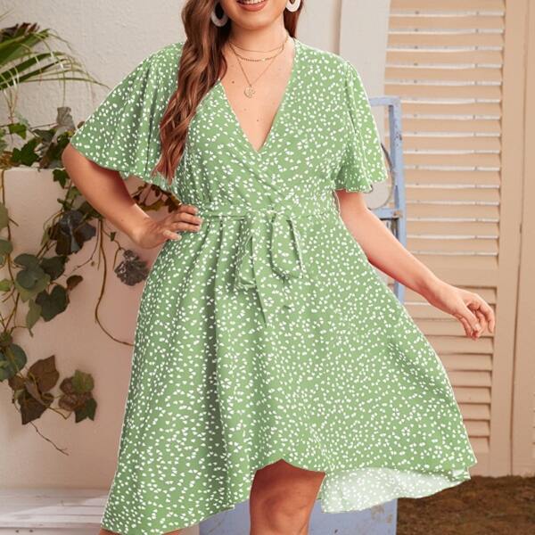 

Plus Allover Heart Wrap A-line Dress, Lime green