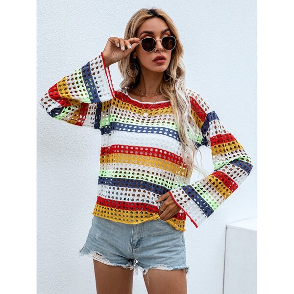 

Colorblock Drop Shoulder Open Knit Sweater, Multicolor