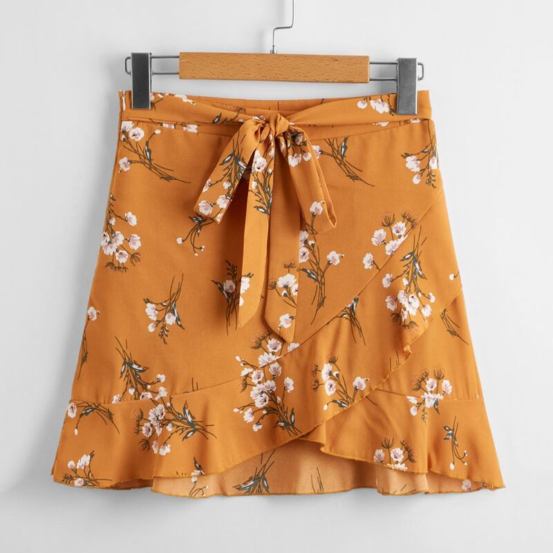 

Ditsy Floral Wrap Belted Skirt, Orange