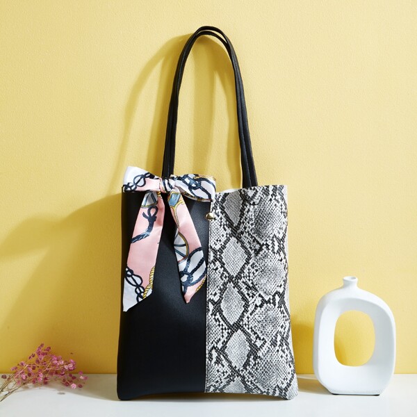 

Twilly Scarf Decor Snakeskin Panel Tote Bag, Black
