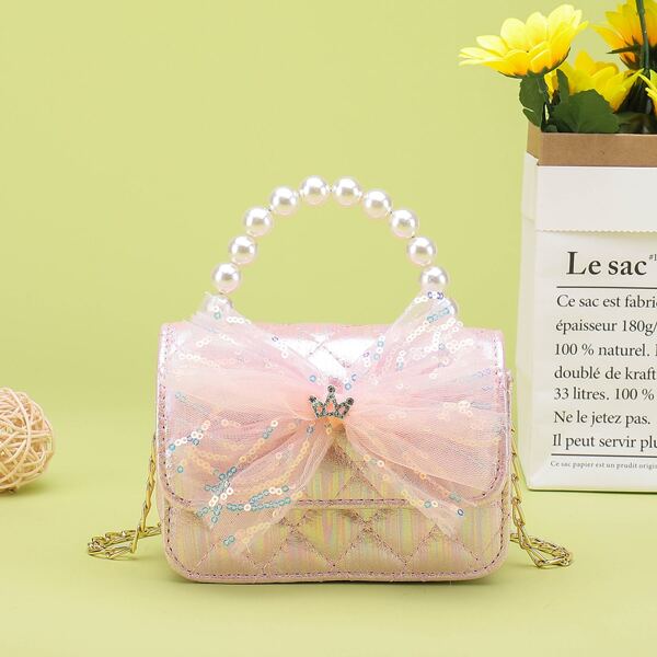 

Girls Bow Decor Quilted Satchel Bag, Pink