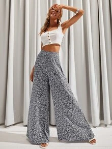 Ditsy Floral Print Wide Leg Trousers - Black and White - View 3